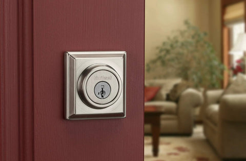 Square Smart Lock Second Gen With SmartKey Security And Home Connect For Smooth Home Automation Z Wave Plus Deadbolt In Satin Nickel Keyless Entry And No Fuss Setup shown installed on a red door indoors