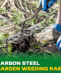 Using Beast 8 Teeth Garden Weeding Rake Heavy Duty Carbon Steel Weed Puller Tool With Gloves in garden soil.