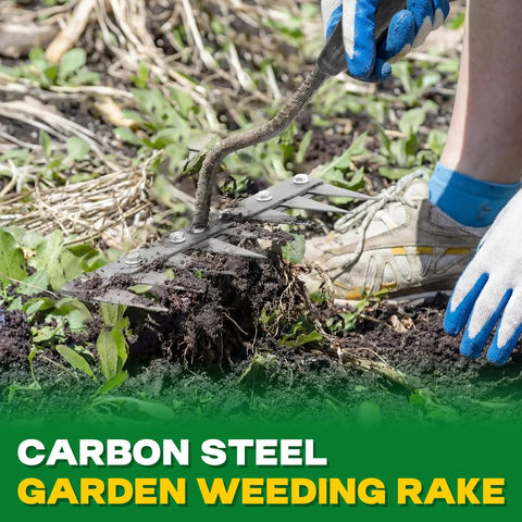 Using Beast 8 Teeth Garden Weeding Rake Heavy Duty Carbon Steel Weed Puller Tool With Gloves in garden soil.