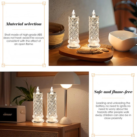 Rose Shadow LED Flameless Candles 4 Pack Battery Operated Pillar Candles displayed on wooden tray and table top