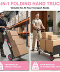 Premium 3 In 1 Convertible Folding Hand Truck Dolly Cart With Heavy Duty Steel Frame And Smooth Rolling Rubber Wheels Kickass Strength Built Like A Tank Pink Ready To Roll Anywhere, shown in upright and flat modes with boxes.