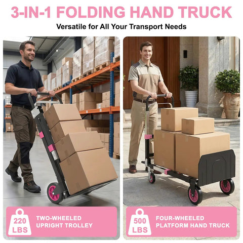 Premium 3 In 1 Convertible Folding Hand Truck Dolly Cart With Heavy Duty Steel Frame And Smooth Rolling Rubber Wheels Kickass Strength Built Like A Tank Pink Ready To Roll Anywhere, shown in upright and flat modes with boxes.