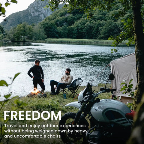 Two men by a lake camping with Ultra Lightweight Backpack Chair With 5 Second Folding, Grab And Go Packable Camp Chair