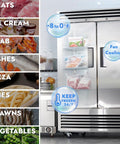 54 Inch Heavy Duty Commercial Freezer 49 Cubic Feet Reach In Upright Cooler with two solid doors and fan cooling for stored meats and seafood.