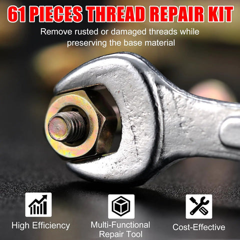 Close-up of wrench on bolt from 61 Piece Thread Chaser Set For Rethreading And Bolt Repair Pro Grade, SAE And Metric Taps Dies.