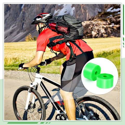 Cyclist on mountain bike with image inset of green TPU liners, 10 Pack Bike Tire Liners For 24, 26, 27.5, 29 And 700c Tires, TPU Protected