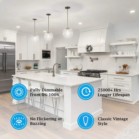 Modern kitchen with LED Dimmable Edison Light Bulbs 100W Equivalent, 8W 1200 Lumens, E26 Base Filament Bulbs in clear glass fixtures