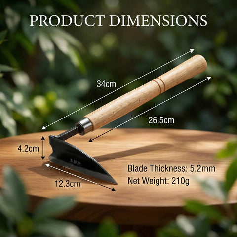 Pro Grade Weeding Sickle Garden Tool with dimensions, high carbon steel blade, wooden handle, Japanese style, on wooden surface