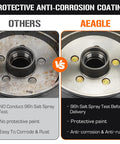 Front view of two 4.5-inch bolt-circle drum brake hubs; left rusted, right AEagle-coated unit