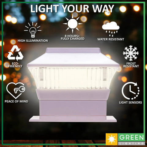 Solar Post Cap Lights For 4x4 Wood And PVC Fence Posts Outdoor Lighting For Yard Deck And Garden Gray 12 Pack With Flush Mount Adapter Energy Efficient LED, on wooden background with icons showing features like water resistance and light sensors.