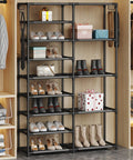 Tall Garage Shoe Rack Holds 28 To 32 Pairs Shoes And Boots With Two Rows And Versatile Hooks In Black For Entryway Closet Or Garage Extra Large Capacity Organizer.