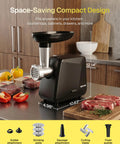 Behome Electric Meat Grinder With 2800W Max Motor on kitchen counter, showing kubbe and sausage attachments, and fresh meat.