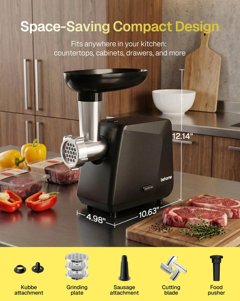 Behome Electric Meat Grinder With 2800W Max Motor on kitchen counter, showing kubbe and sausage attachments, and fresh meat.
