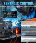 135 Amp Flux Core MIG Welder With Auto Darkening Helmet, 110V Three In One Welder Machine displayed with welding modes and controls