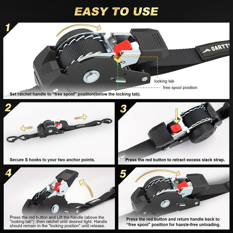 Instruction guide for Heavy Duty Self Retracting Ratchet Straps 1 Inch By 10 Feet 1650 Pound Break Strength 4 Pack