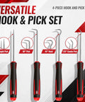4 Piece Hook and Pick Set for O Ring, Seal and Gasket Removal with Slim Tips and Non Slip Grips for Tight Automotive Spaces with straight, 90°, 45°, 135° tips