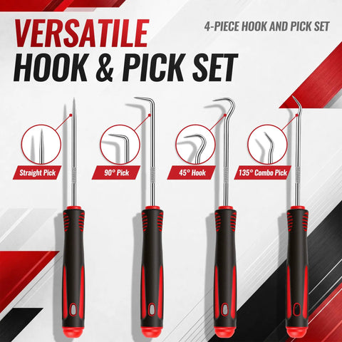 4 Piece Hook and Pick Set for O Ring, Seal and Gasket Removal with Slim Tips and Non Slip Grips for Tight Automotive Spaces with straight, 90°, 45°, 135° tips