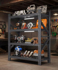 Heavy Duty 4 Tier Metal Garage Storage Shelving Unit With Beefed Up Reinforced Frame in workshop setting filled with tools