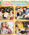 Families exchanging gifts for Valentine's Day in classroom settings with decorations and children involved in activities.