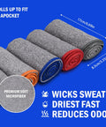 Five Pack Quick Dry Microfiber Gym Towels For Sweat, odor-free, 16x27 inches, rolled and color-coded for gym use.