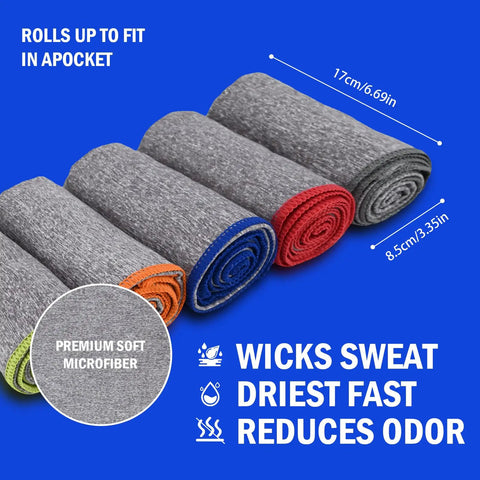 Five Pack Quick Dry Microfiber Gym Towels For Sweat, odor-free, 16x27 inches, rolled and color-coded for gym use.