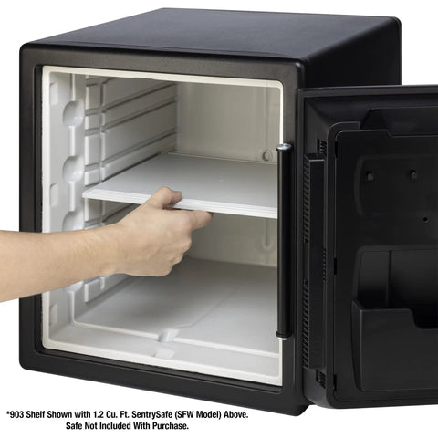 Adjustable Shelf Insert For 0.8 And 1.2 Cu Ft Fireproof Waterproof Safes, White, Fits SFW082 And SFW123, being placed inside safe