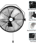 High Velocity Outdoor Wall Mount Fan 18 Inch With Three Speed Settings Max 4300 CFM Weatherproof Heavy Duty Industrial Grade Sealed Motor 2 Ft Pull Chain Ideal For Patio Garage Gazebo And Commercial Use, showing front view, ball bearing motor, easy tilt design, aluminum fan blades, and pull chain
