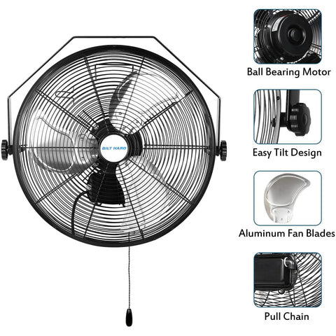 High Velocity Outdoor Wall Mount Fan 18 Inch With Three Speed Settings Max 4300 CFM Weatherproof Heavy Duty Industrial Grade Sealed Motor 2 Ft Pull Chain Ideal For Patio Garage Gazebo And Commercial Use, showing front view, ball bearing motor, easy tilt design, aluminum fan blades, and pull chain