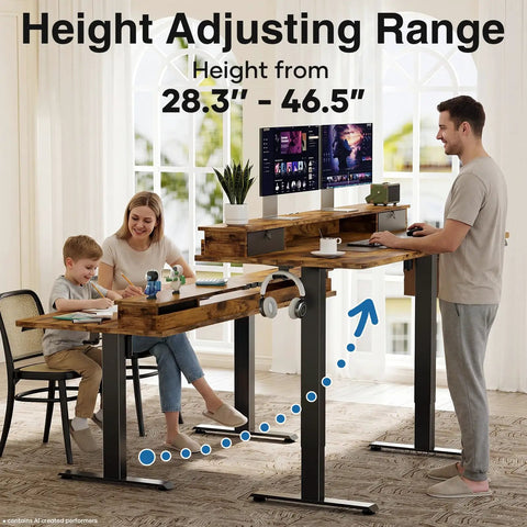 Premium Electric Standing Desk With Drawers And Monitor Shelf Adjustable Height Sit Stand Workstation Ergonomic Home Office Table Brown Finish in use.