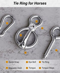 Safe Tie Ring For Horses components, including quick release eye bolt and durable steel ring on textured surface.