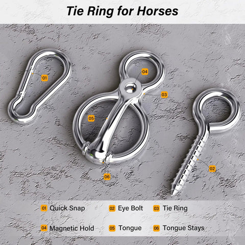 Safe Tie Ring For Horses components, including quick release eye bolt and durable steel ring on textured surface.