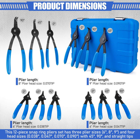 Pro Grade 12 Piece Snap Ring Pliers Set With Quick Switch For Internal And External Retaining Rings, various sizes and angles shown