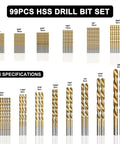 Axelord 99 Pcs Drill Bit Set HSS Titanium Coated 135 Degree Tip Twist Bits For Wood Metal Plastic Iron Steel Copper Aluminum Alloy Hex Shank Kit With Tough Storage Case Perfect For DIY Pros. 99-piece HSS drill bits