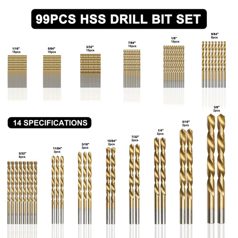 Axelord 99 Pcs Drill Bit Set HSS Titanium Coated 135 Degree Tip Twist Bits For Wood Metal Plastic Iron Steel Copper Aluminum Alloy Hex Shank Kit With Tough Storage Case Perfect For DIY Pros. 99-piece HSS drill bits