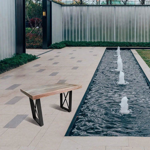 Outdoor scene with a wooden bench supported by Heavy Duty Beefy Steel X Shape Table Legs 16 Inch Black 2 Pack Adjustable Industrial Coffee Table Supports Powder Coated No Rust Finish 800 Lb Per Leg DIY Project Ready For Craft Furniture Makeover
