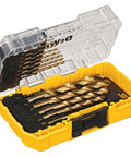 DEWALT 14-piece titanium nitride coated drill bit set in yellow case with clear lid