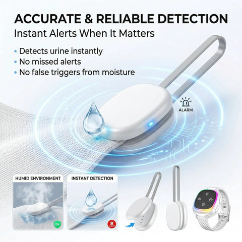 Wireless Bedwetting Alarm Wearable Enuresis Tracker For Kids Teens And Adults, white sensor on cloth with wrist receiver