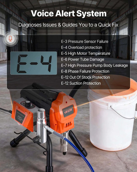 Voice alert system display on Heavy Duty Stand Airless Paint Sprayer With 1500W Motor And 3300 PSI Pressure.