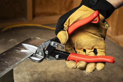 MetalMaster Offset Aviation Snips Set With M6R And M7R For Straight Left And Right Curves in use on metal sheet