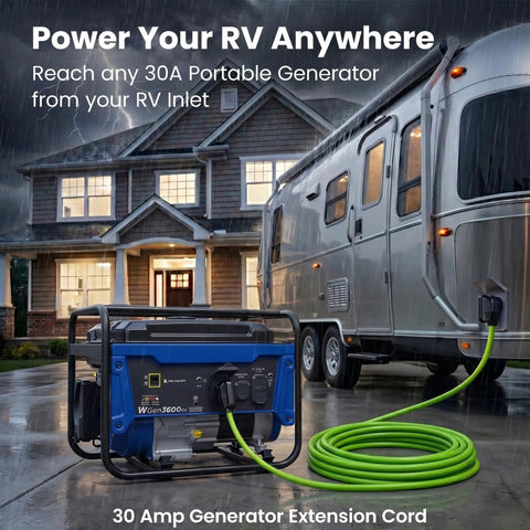 30 Amp RV Power Cord 100 Ft Heavy Duty Waterproof TT-30P To TT-30R Extension Cable For Campers And Travel Trailers Reaches Any Pedestal At Campgrounds No Adapters Needed, green cord to RV and generator