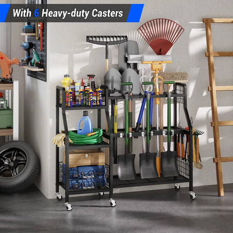 Heavy Duty Garden Tool Organizer On Wheels With Six Wheels Three Lockable And Two Baskets Large Metal Garage Tool Storage in shed
