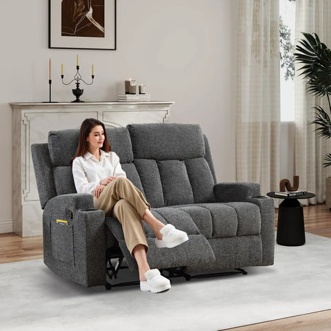 Two Seat Manual Recliner Sofa Set With Cozy Fabric Comfort, Built In Side Pockets And Cup Holders, Home Theater Vibe Couch