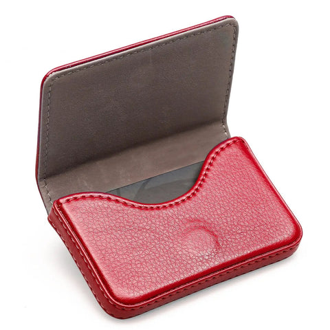 Open view of Red Leather Minimalist RFID Blocking Wallet With Magnetic Card Holder For Business Cards And Everyday Essentials.