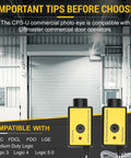 Beefed Up Safety Sensor Photo Eye For LiftMaster Commercial Doors, showing compatibility details for FDC FDCL FDO LGE Logic 3 4 5.0