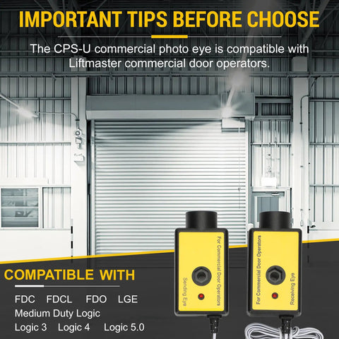 Beefed Up Safety Sensor Photo Eye For LiftMaster Commercial Doors, showing compatibility details for FDC FDCL FDO LGE Logic 3 4 5.0