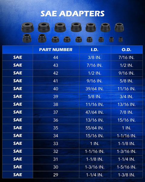SAE adapters chart for Bearing Race And Seal Driver Kit 43-Piece Set With 23 Metric And 16 SAE Adapters, showing part numbers and sizes.