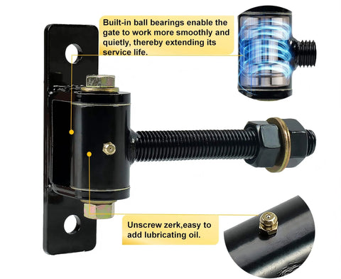 Close-up of Three Quarter Inch T Bolt Gate Hinges with thickened solid steel and bearings for 90 or 180 degree swing, corrosion resistant.