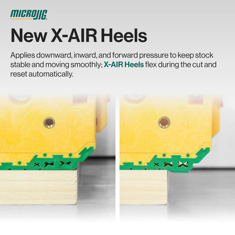 Close-up of Microjig X-AIR Heels on wooden piece, applying pressure for stable cutting with router tools.