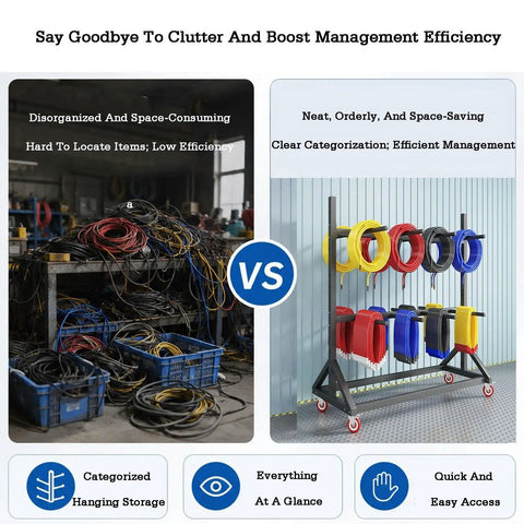 Rock Solid Wire Harness Hanging Rack With Adjustable Cable Roll Storage And Portable Shop Organizer featuring organized cable management and easy access.