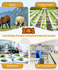 Collage of 2 in 1 Dry and Wet Grain Mill Grinder Electric 110V applications in ranch, farm, restaurant, and food processing plant.